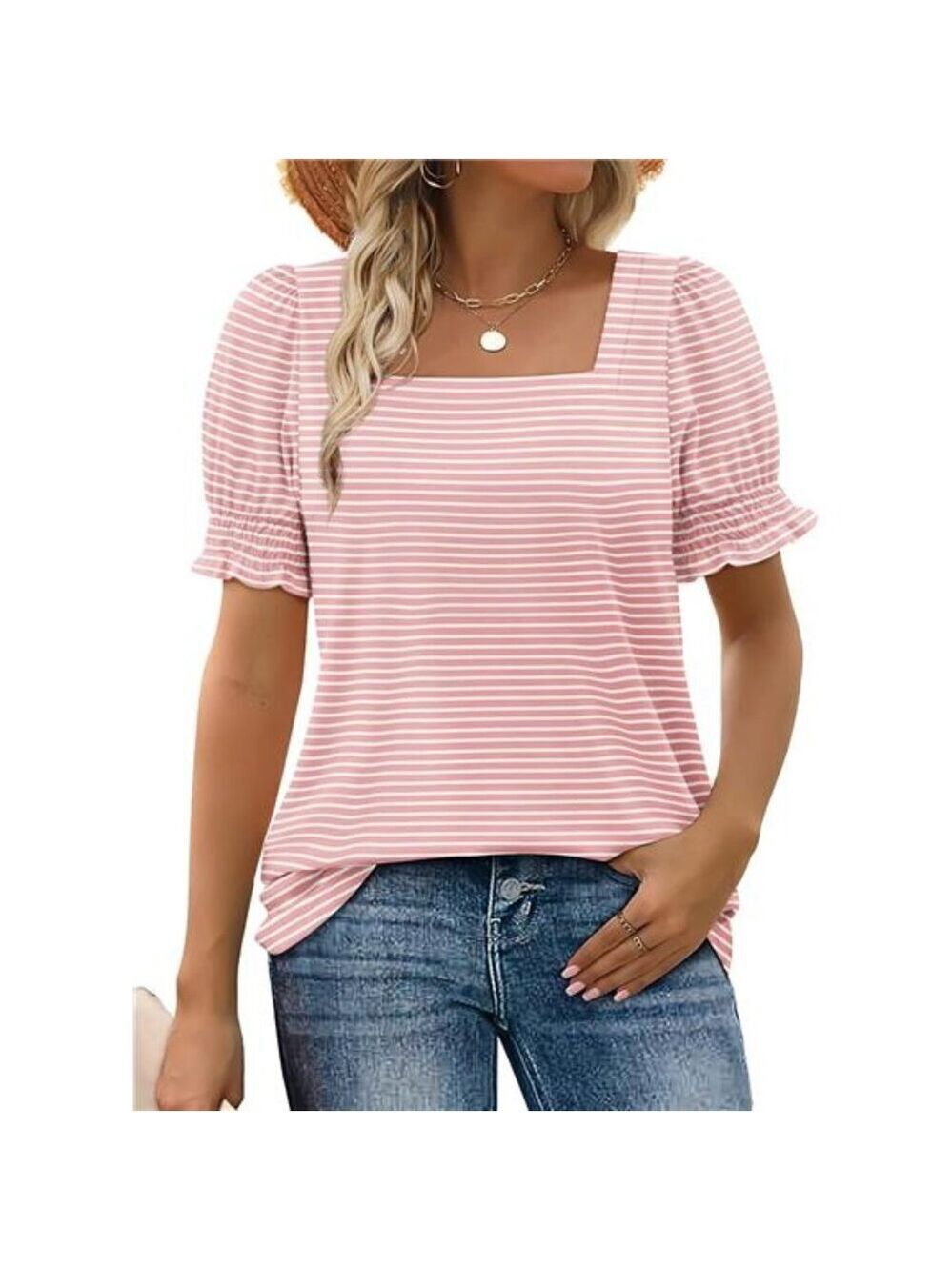 Womens Summer Square Neck T Shirt Ruffle Sleeve Casual Tops Cute Flattering Tee